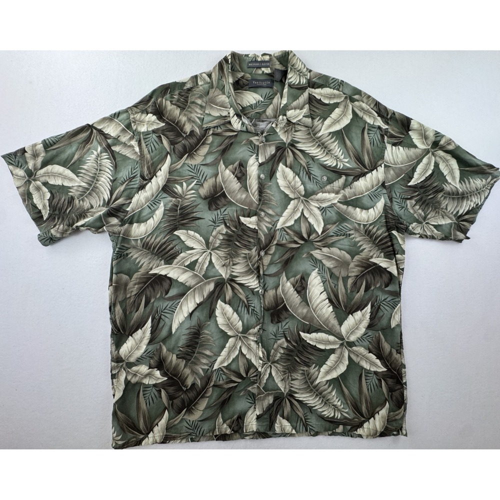 Van Heusen Tropical Leaf Print Shirt Mens XXL Green Washable Rayon Button Down